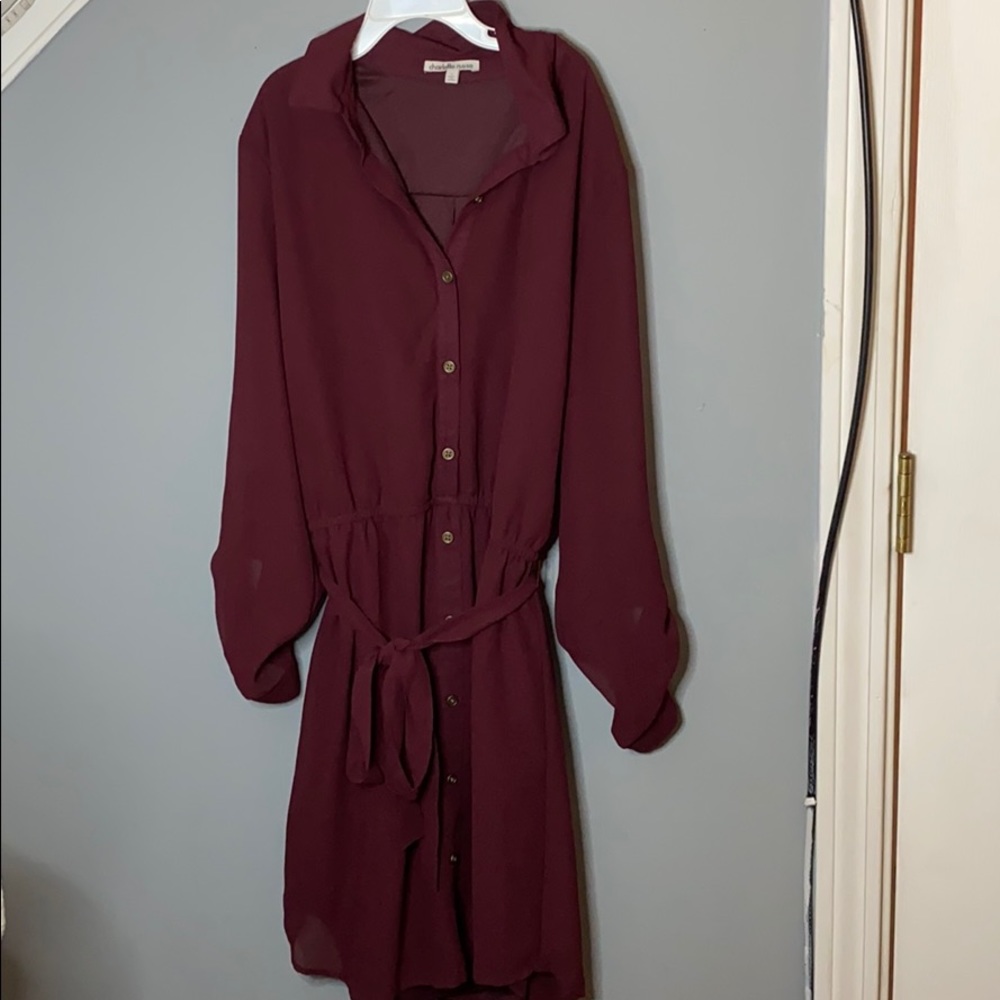 Maroon Long Sleeve Button Up Dress